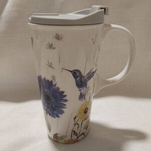 Evergreen Ceramic Hummingbird Floral Butterfly Tall Tumbler with Lid NWOT